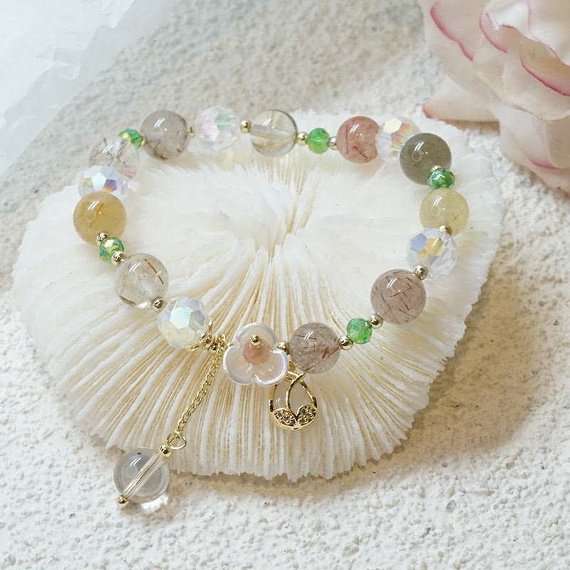 KarmaRipple's Strawberry Quartz Rutilated Quartz Fluorite Flower Balancing Bracelet p2