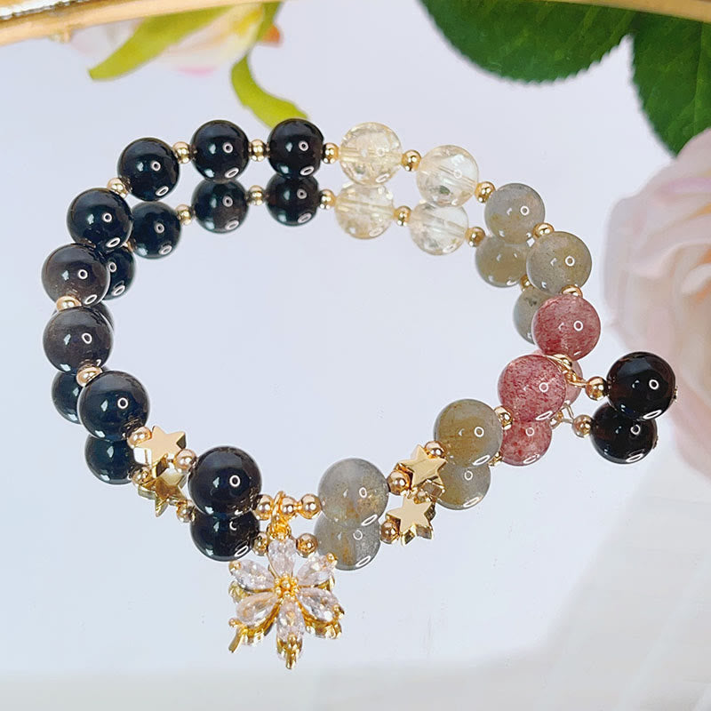 KarmaRipple's Authentic Silver Sheen Obsidian Love Heart Star Flower Protection Bracelet ( p3
