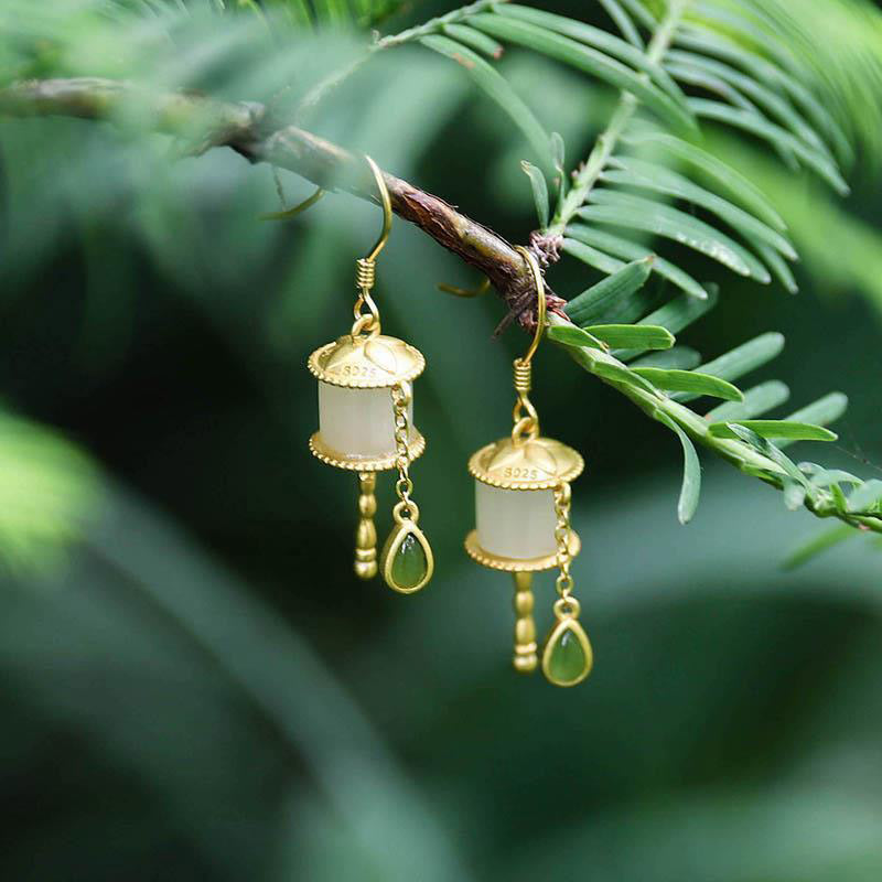 KarmaRipple's 925 Sterling Silver Jade Prayer Wheel Fortune Drop Earrings p1