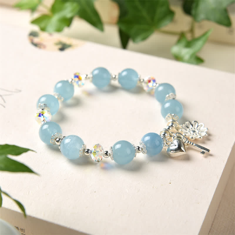 KarmaRipple's 925 Sterling Silver Authentic Aquamarine Serenity Flower Love Key Talisman Bracelet p6