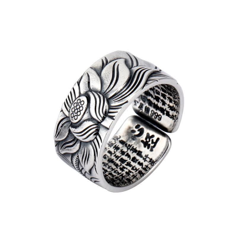 KarmaRipple's 999 Sterling Silver Lotus Symbol Heart Sutra Protection Ring p10