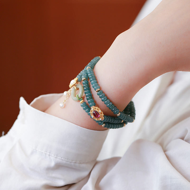 KarmaRipple's 925 Sterling Silver Gold Plated Cyan Jade Flower Peace Buckle Success Triple Wrap Bracelet p3
