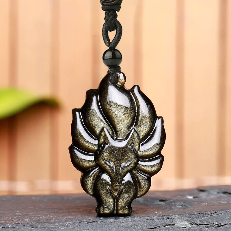 KarmaRipple's Authentic Fluorite Gold Sheen Obsidian Fox Necklace Protection Pendant p9