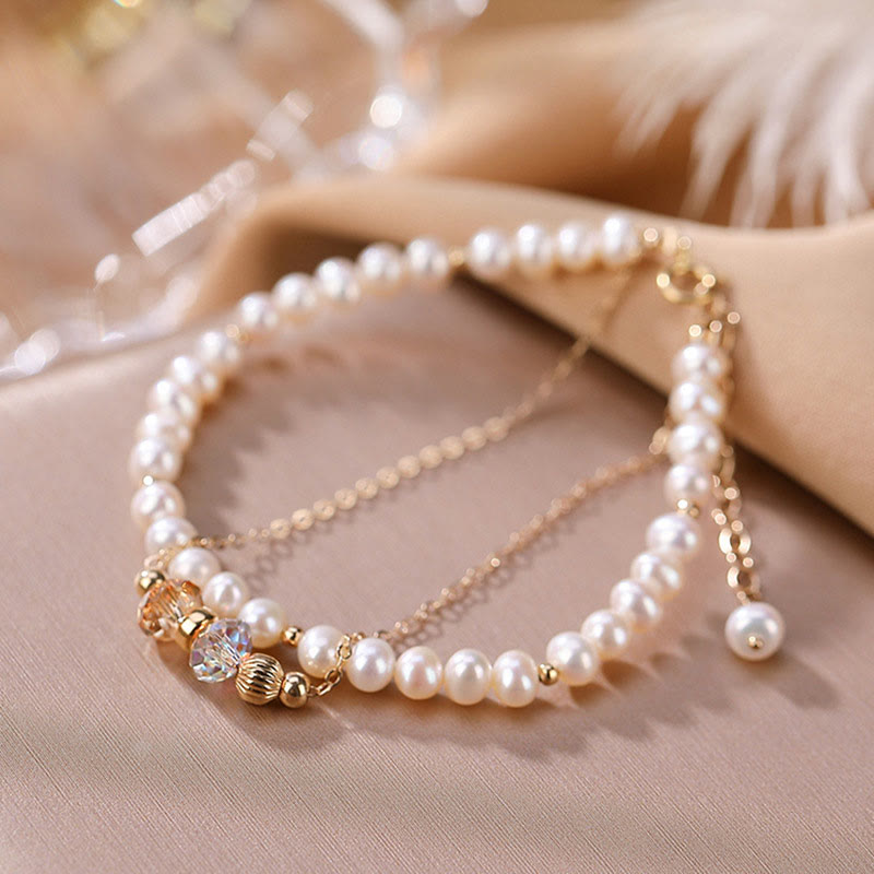 KarmaRipple's 925 Sterling Silver 14K Gold Plated Authentic Pearl Gemstone Balancing Double Layer Bracelet p13