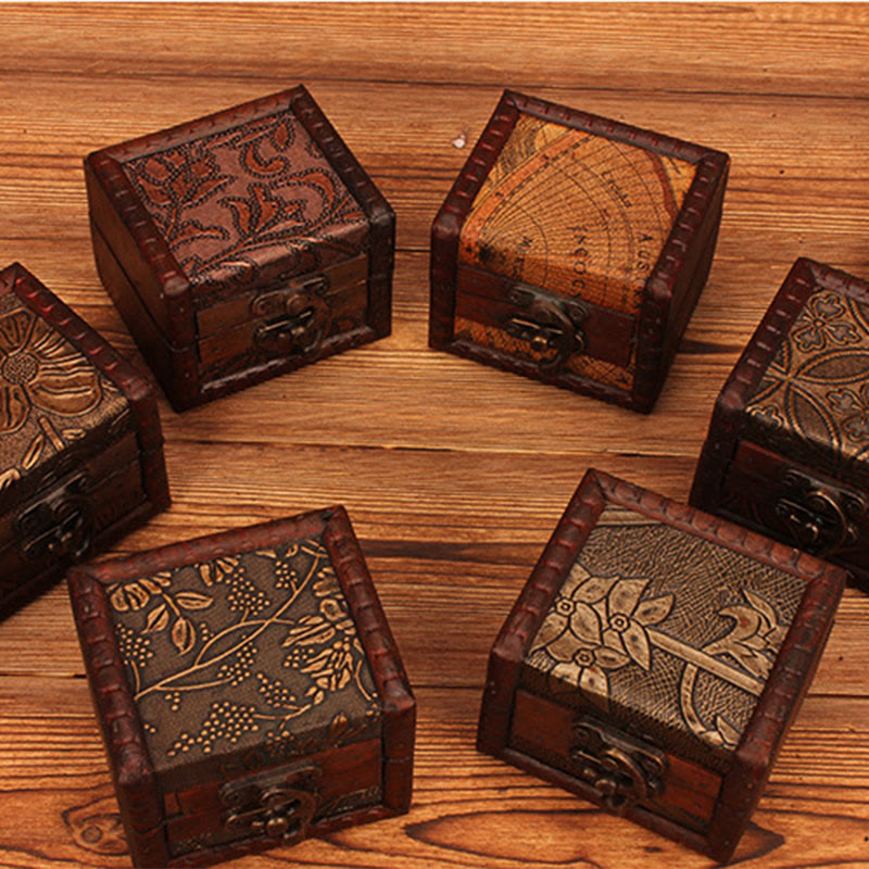 KarmaRipple's Retro Small Square Wood Jewelry Box Lotus Grass Flower Grape Bronze Coin Daffodil Jewelry Storage Box p22