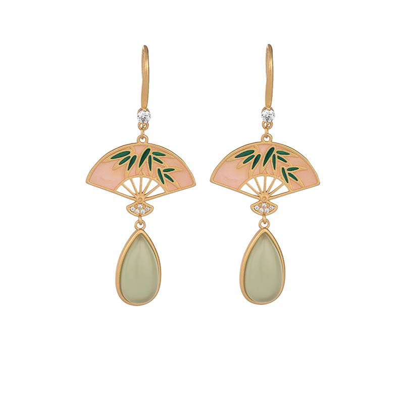 KarmaRipple's Authentic Green Aventurine Fan Pattern Fortune Drop Earrings p6