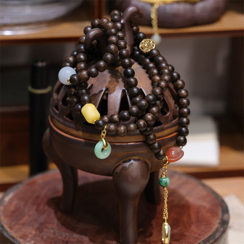 KarmaRipple's 108 Mala Beadwork Brunei Agarwood Amber Red Agate Peace Buckle Jade Peace Bracelet p4