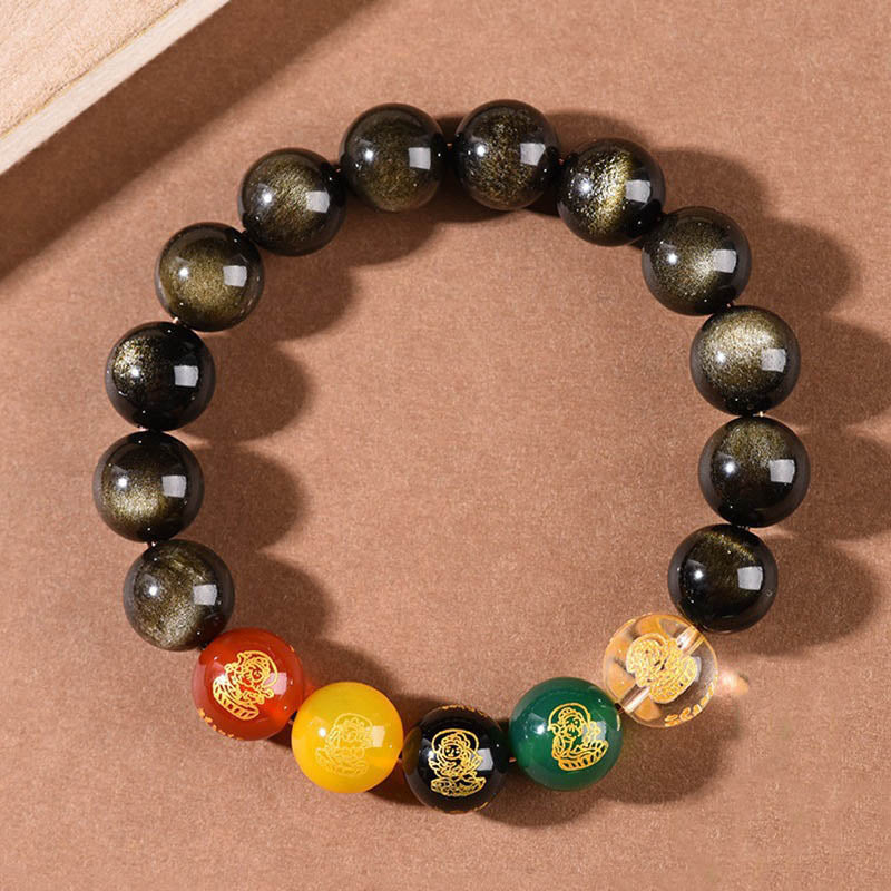 KarmaRipple's Gold Sheen Obsidian Rainbow Obsidian Black Obsidian Five Directions Gods of Wealth Bracelet p1