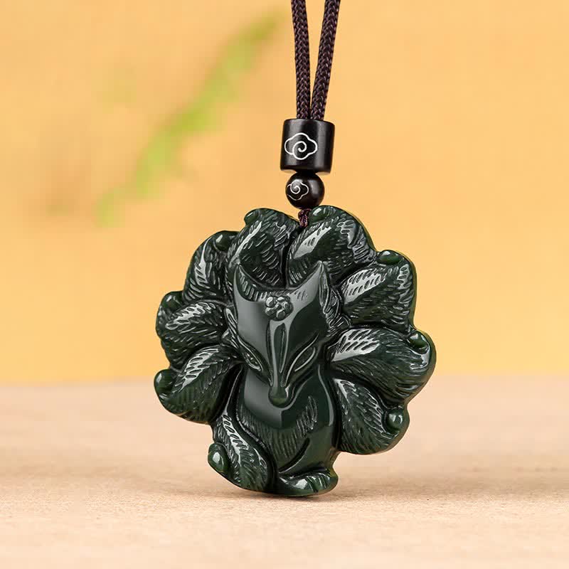 KarmaRipple's Hetian Cyan Jade Nine Tailed Fox Fortune Pendant String Necklace p10