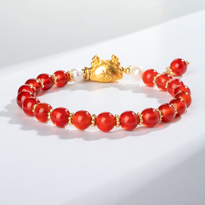 KarmaRipple's Year Of The Dragon Authentic Red Agate Pink Gemstone Black Onyx Dumpling Fortune Fu Character Bracelet p9