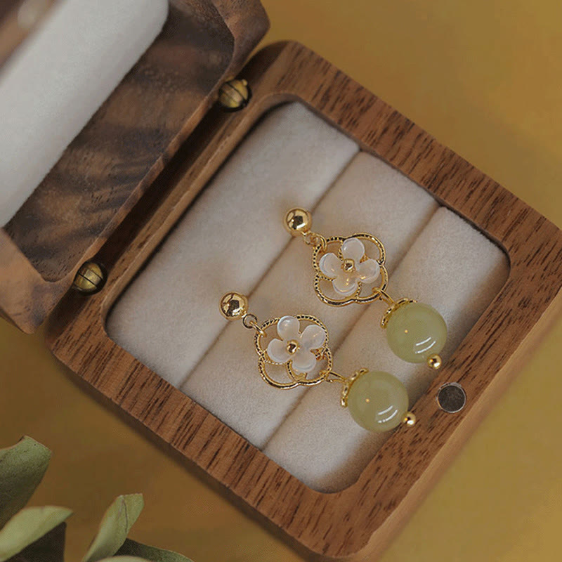 KarmaRipple's Tridacna Stone Flower Jade Bead Blessing Drop Earrings p5