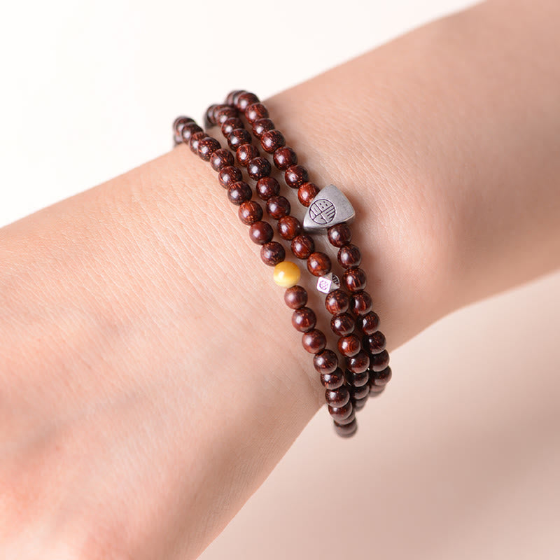 KarmaRipple's 925 Sterling Silver Indian Small Leaf Red Sandalwood Fu Character Protection Triple Wrap Bracelet p7