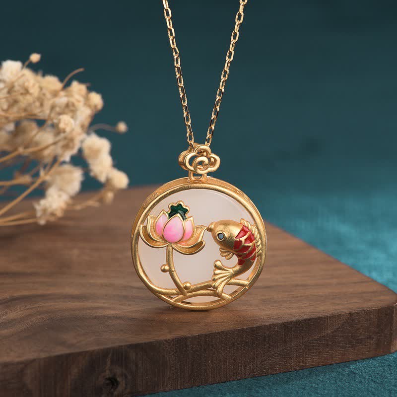 KarmaRipple's Ivory Jade Koi Fish Lotus Blessing Pendant Necklace p1