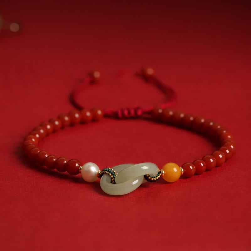 KarmaRipple's Authentic Red Agate Hetian Jade Double Peace Buckle Confidence Bracelet p1