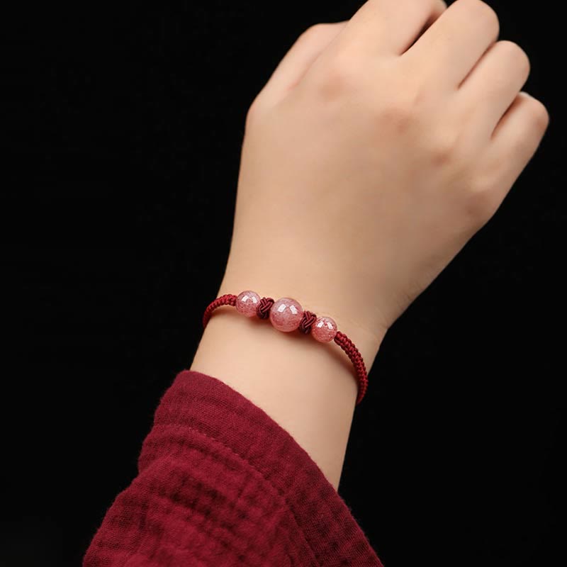 KarmaRipple's Authentic Strawberry Quartz Gemstone Love Red String Weave Bracelet Anklet ( p10