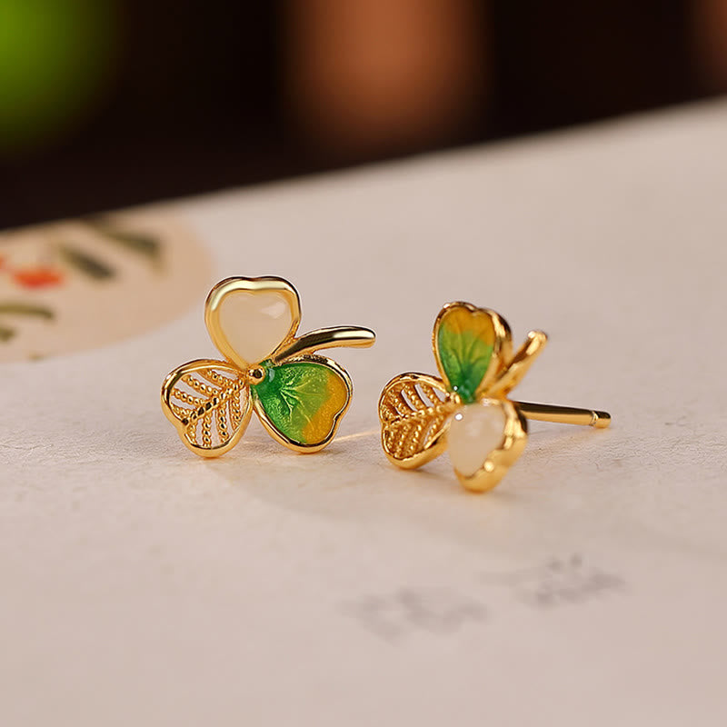 KarmaRipple's 925 Sterling Silver Plated Gold Hetian Jade Fortune Shamrock Clover Pendant Necklace Earrings p6