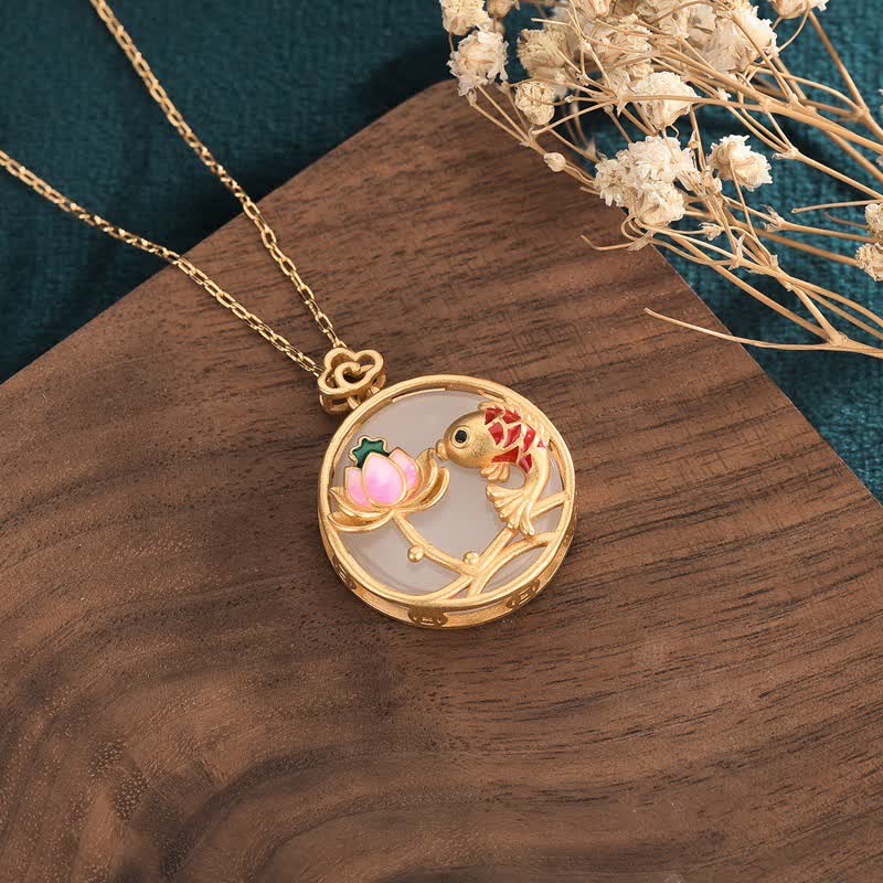 KarmaRipple's Ivory Jade Koi Fish Lotus Blessing Pendant Necklace p2
