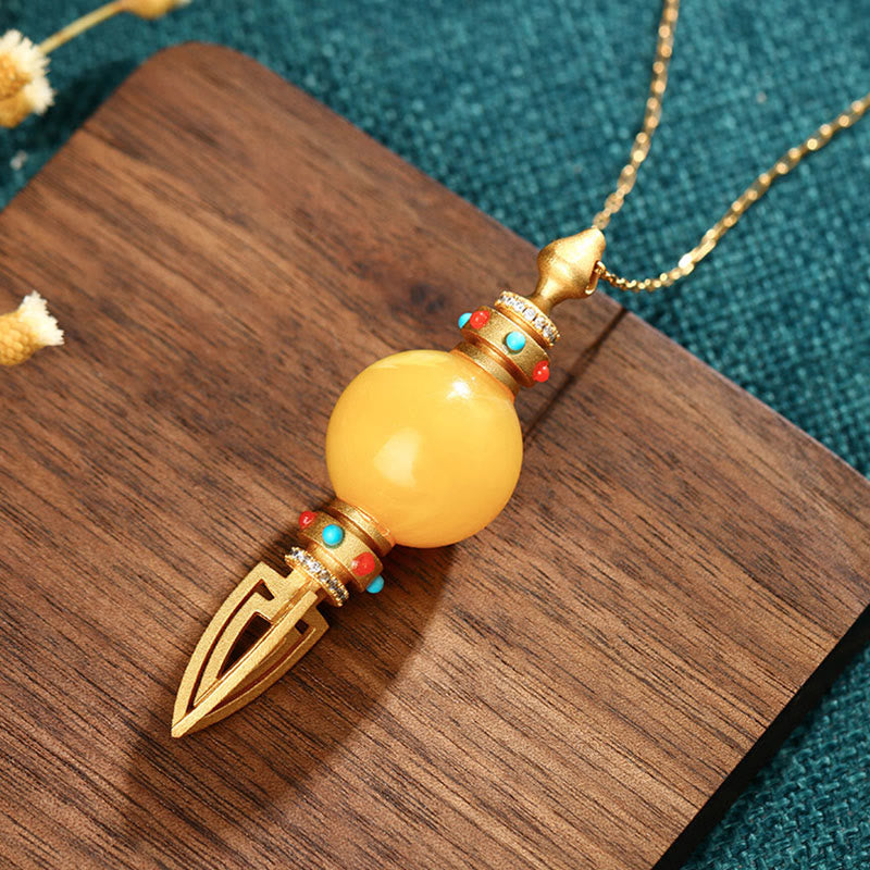 KarmaRipple's 24K Gold Plated Amber Dorje Vajra Clear Anxiety Pendant Necklace p9
