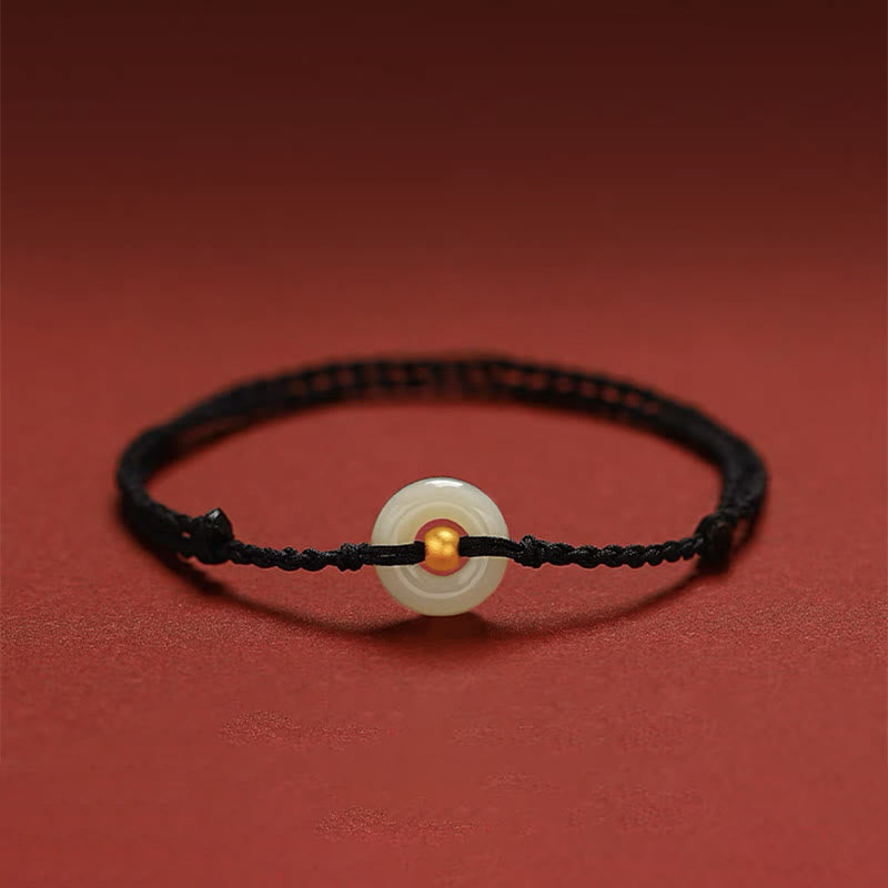 KarmaRipple's 999 Gold Bead Round Peace Buckle Hetian Jade Fortune Abundance Woven Bracelet Anklet p2