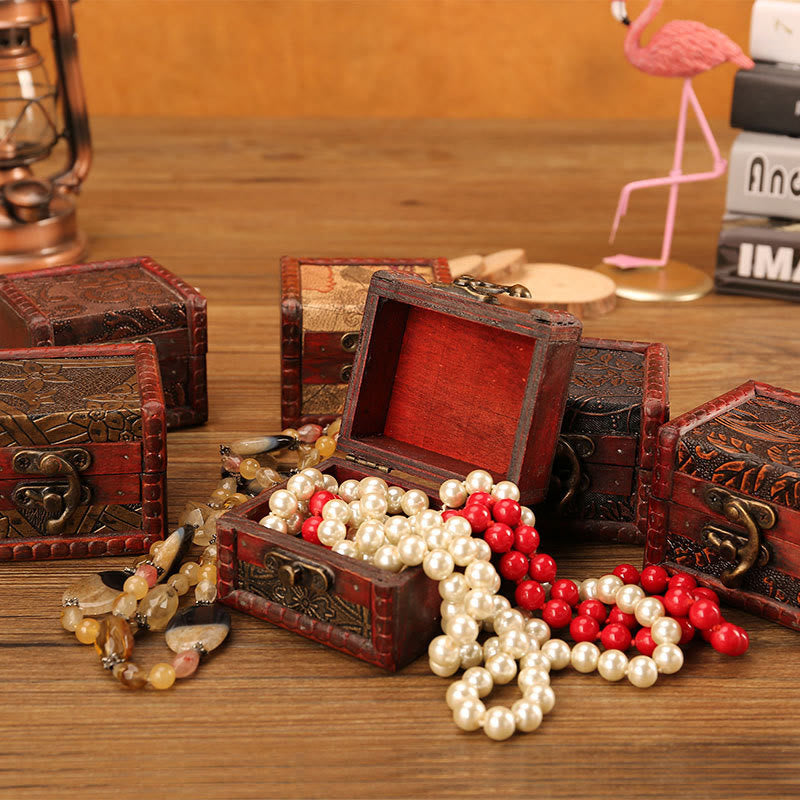 KarmaRipple's Retro Small Square Wood Jewelry Box Lotus Grass Flower Grape Bronze Coin Daffodil Jewelry Storage Box p9