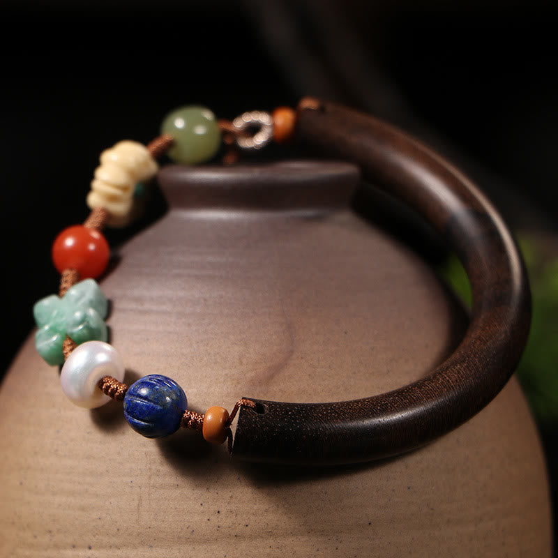 KarmaRipple's Agarwood Lazurite Pearl Hetian Jade Gemstone Fortune Strength String Cuff Bracelet p2