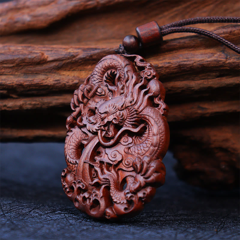 KarmaRipple's Lightning Struck Jujube Wood Double Dragon Relief Ward Off Evil Spirits Pendant Necklace p6
