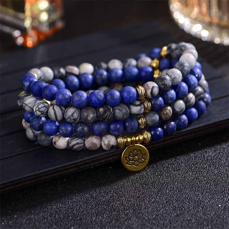 KarmaRipple's Lazurite Picasso Jasper Amazonite Rhodonite Apatite Positive Lotus Prayer Bead Bracelet p1