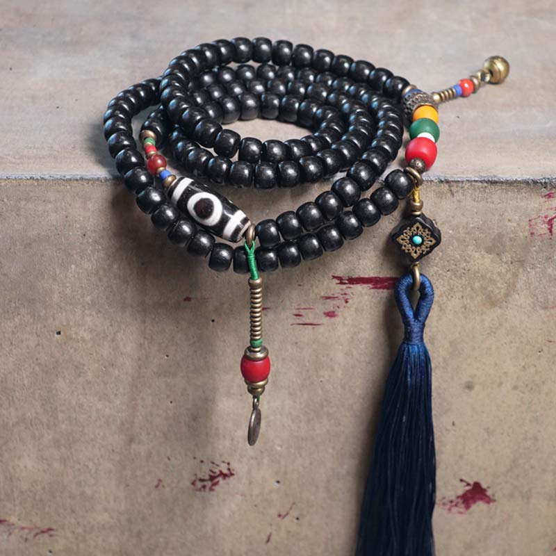 KarmaRipple's 108 Beadwork Mala Ebony Wood Dzi Bead Bronze Balance Tassel Bracelet p8