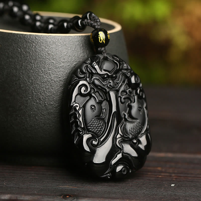 KarmaRipple's Black Obsidian Koi Fish Bead Rope Fulfilment Strength Pendant Necklace p3
