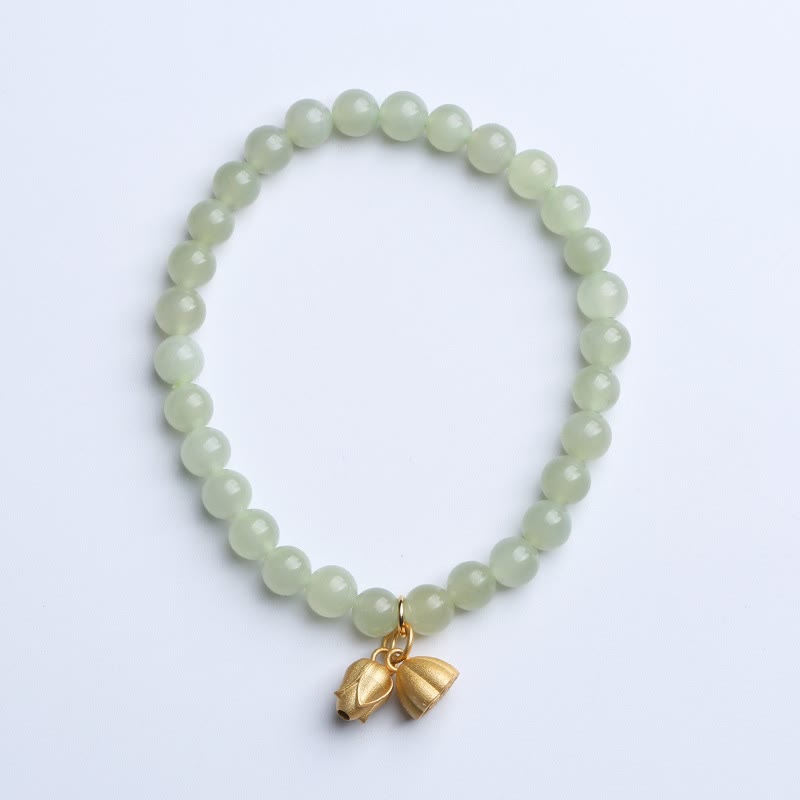 KarmaRipple's 925 Sterling Silver Plated Gold Authentic Hetian Jade Bead Gourd Lotus Bamboo Fu Character Fortune Bracelet p46