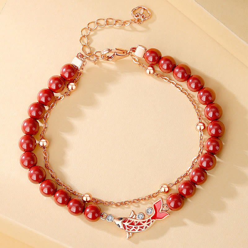 KarmaRipple's 925 Sterling Silver Fortunate Koi Fish Cinnabar Zircon Prosperity Double Layer Chain Bracelet p2