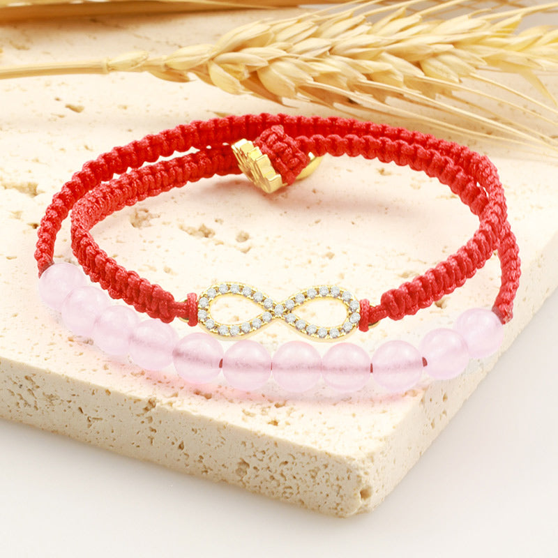 KarmaRipple's Tibetan Handmade Lotus Pink Gemstone Soothing Red String Bracelet ( p3
