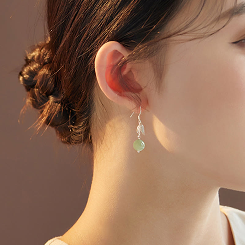 KarmaRipple's 999 Sterling Silver Hetian Jade Bead Bamboo Leaf Fortune Drop Dangle Earrings p6