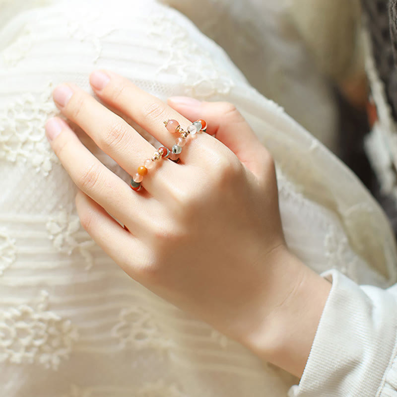 KarmaRipple's 14k Gold Plated Bronze Fu Lu Shou Gemstone Peach Moonstone Happiness Wealth Ring p10