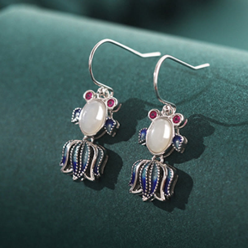 KarmaRipple's 925 Sterling Silver Hetian Ivory Jade Red Agate Cute Fish Happiness Drop Earrings p7