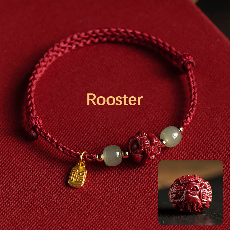 KarmaRipple's Authentic Cinnabar Chinese Zodiac Hetian Jade Fu Character Fortune Rope Bracelet p45