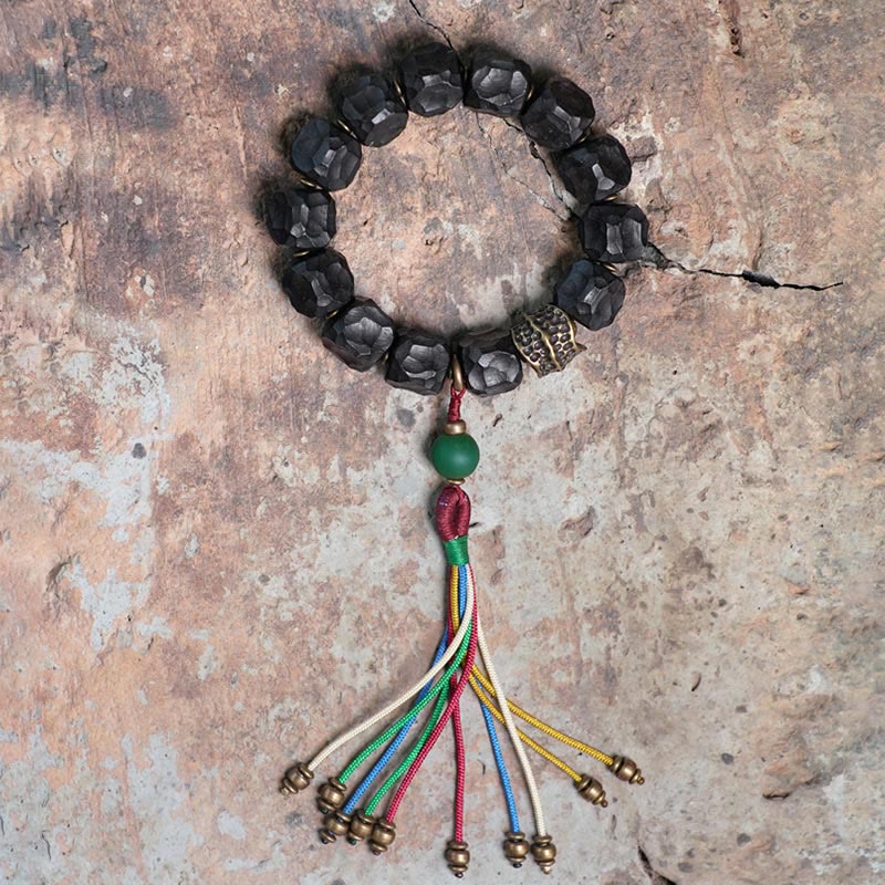 KarmaRipple's Tibet Ebony Wood Bronze Peace Tassel Wrist Mala Bracelet p12