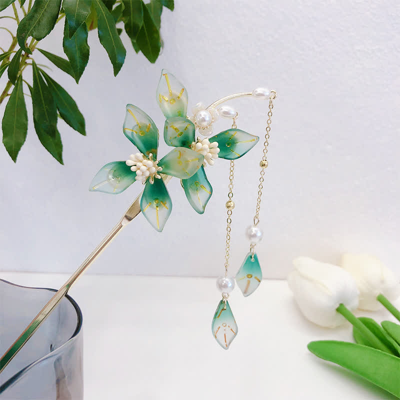 KarmaRipple's Flower Leaf Pearl Peace Tassel Hairpin p5