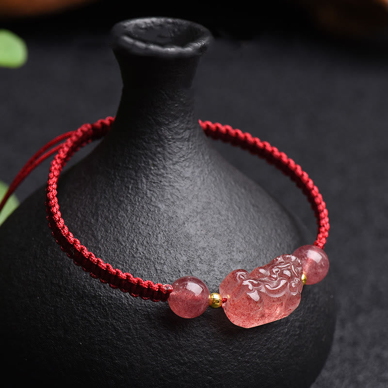 KarmaRipple's Authentic Strawberry Quartz PiXiu Fortunate Red String Bracelet p1