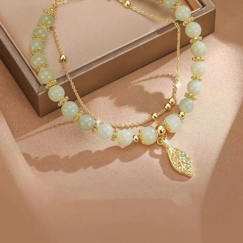 KarmaRipple's Jade Leaf Ginkgo Tulip Peanut Fu Character Fortune Beaded Bracelet p9