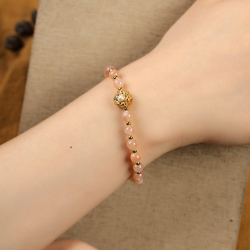 KarmaRipple's 14K Gold Plated Authentic Strawberry Quartz Labradorite Sun Stone Fu Character Positive Talisman Bracelet p15