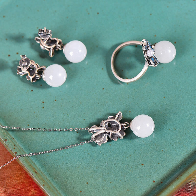 KarmaRipple's Ivory Jade 925 Sterling Silver Pearl Flower Blessing Pendant Necklace Ring Earrings p26