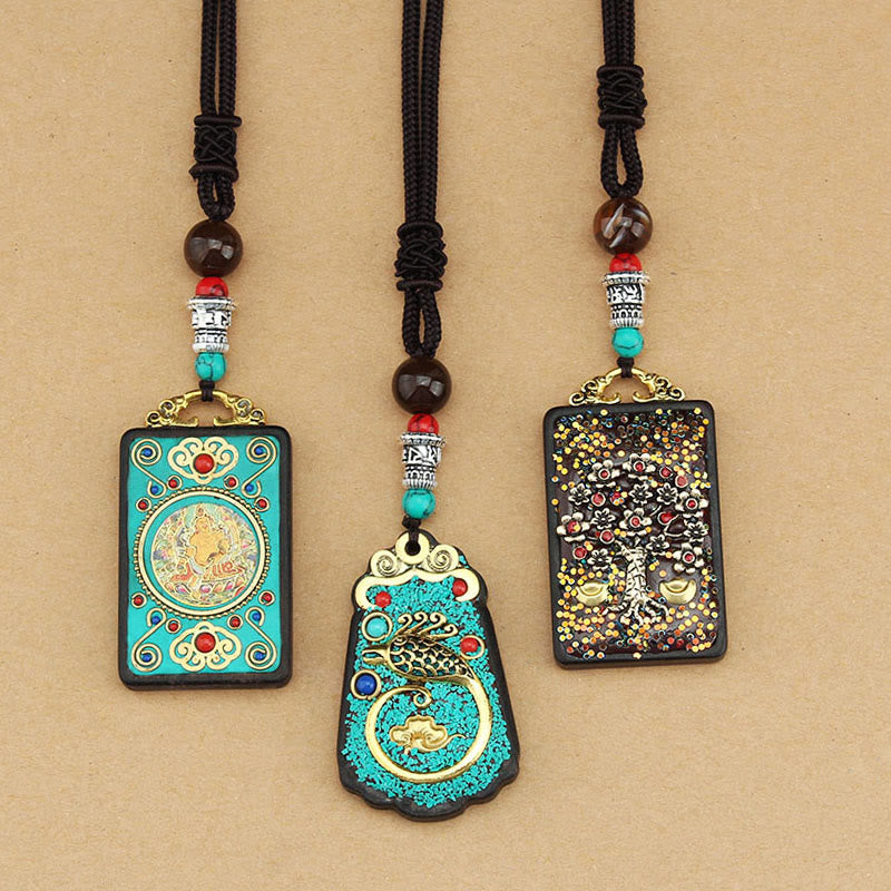 KarmaRipple's Tibet God Of Wealth Money Tree Golden Phoenix Thangka Ebony Peace Pendant Necklace p16