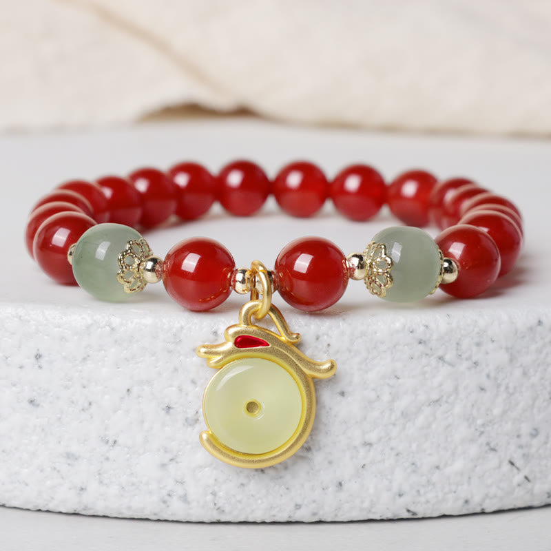 KarmaRipple's Year of the Dragon Red Agate Jade Peace Buckle Fu Character Success Bracelet ( p1