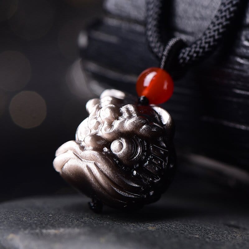 KarmaRipple's Authentic Silver Sheen Obsidian Dancing Lion Protection Pendant Necklace p3
