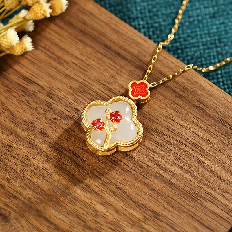 KarmaRipple's 24K Gold Plated Ivory Jade Four Leaf Clover Plum Blossom Fortune Pendant Necklace Earrings p4