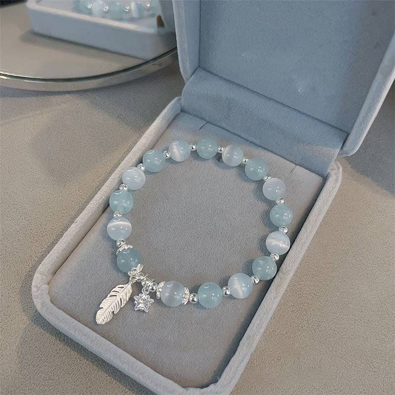 KarmaRipple's 925 Sterling Silver Aquamarine Cat's Eye Balancing Feather Star Talisman Bracelet p5