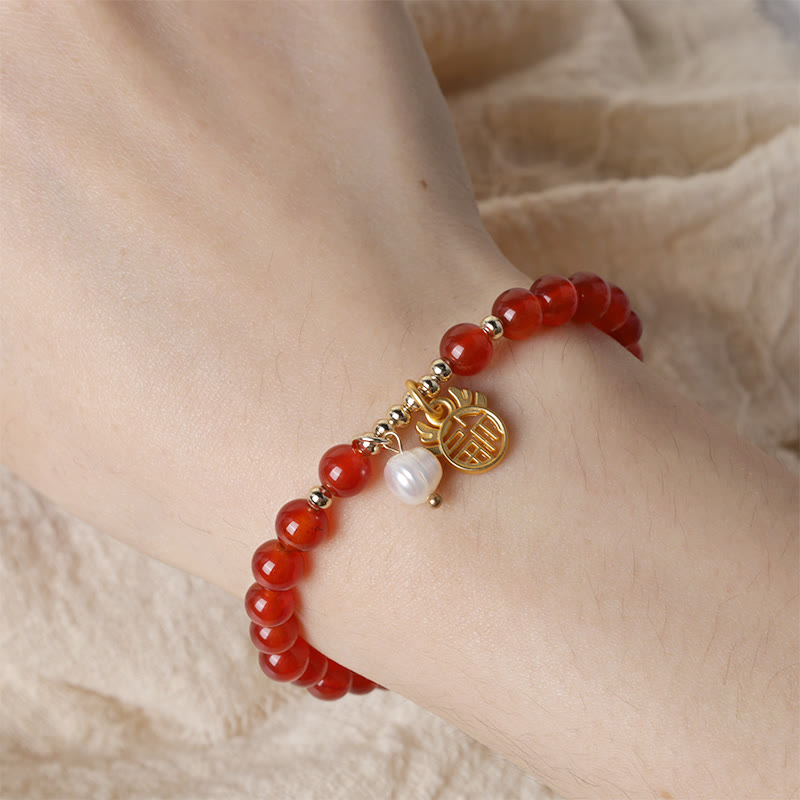 KarmaRipple's Year of the Dragon Red Agate Jade Peace Buckle Fu Character Success Bracelet ( p24