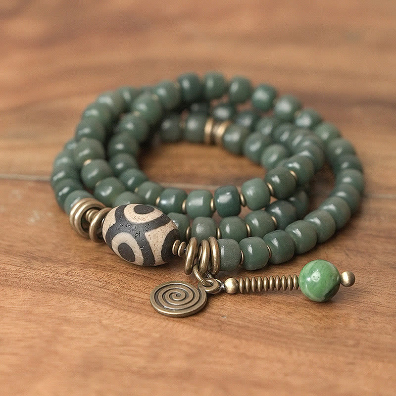 KarmaRipple's Cyan Bodhi Seed Dzi Bead Wisdom Peace Triple Wrap Bracelet p3