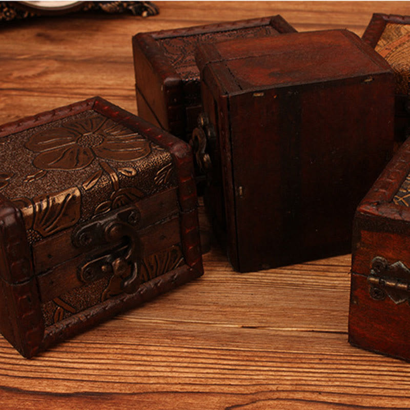 KarmaRipple's Retro Small Square Wood Jewelry Box Lotus Grass Flower Grape Bronze Coin Daffodil Jewelry Storage Box p10